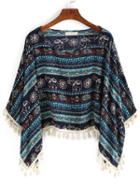 Shein Aztec Print Fringe Blue Shirt