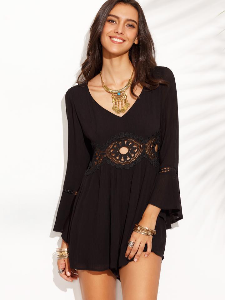 Shein Black V Neck Crochet Panel Bell Sleeve Jumpsuit