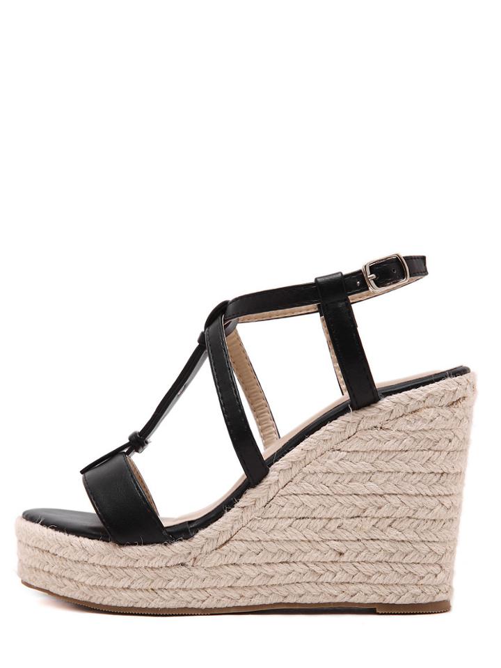 Shein Black Peep Toe Buckle Strap Wedge Heels