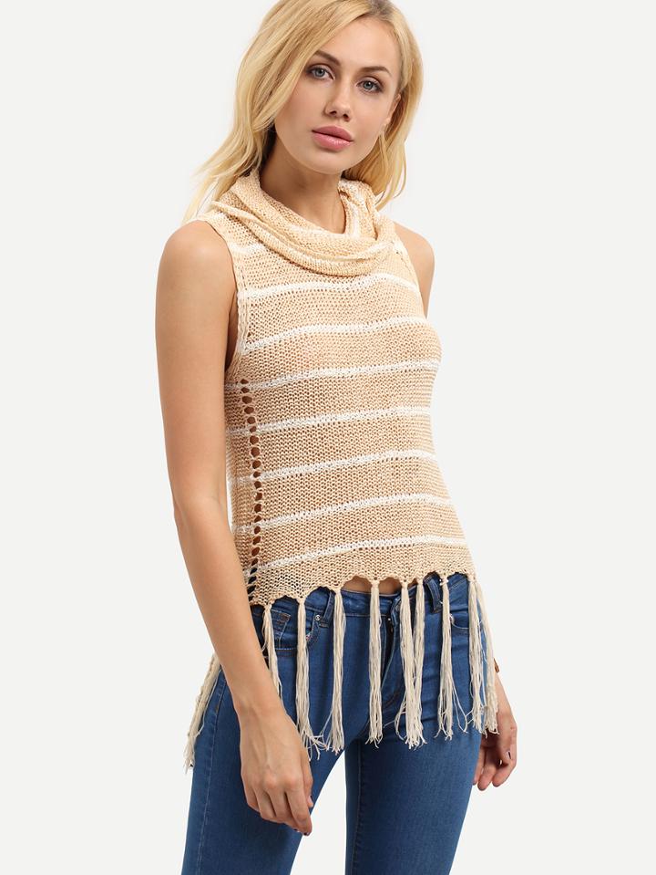 Shein Apricot Striped Cowl Neck Tassel Tank Top