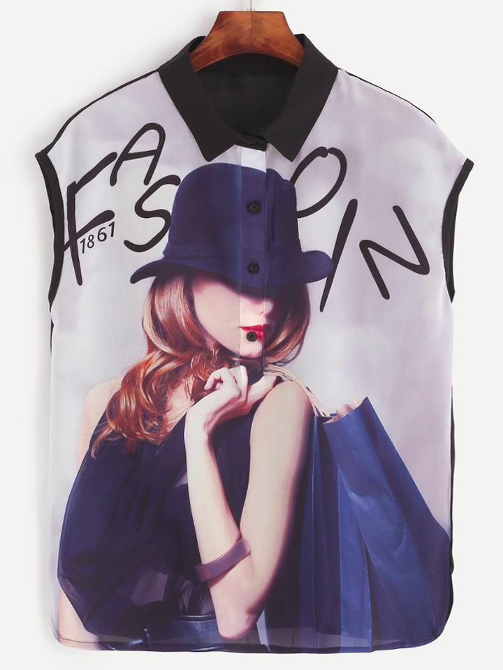Shein Multicolor Young Lady Print Chiffon Blouse