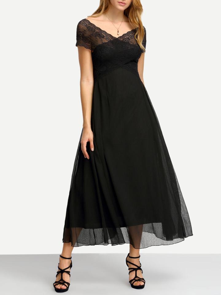 Shein Black V Neck Lace Insert Dress