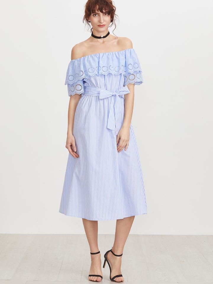 Shein Bardot Laser Cut Out Belted Striped Dress