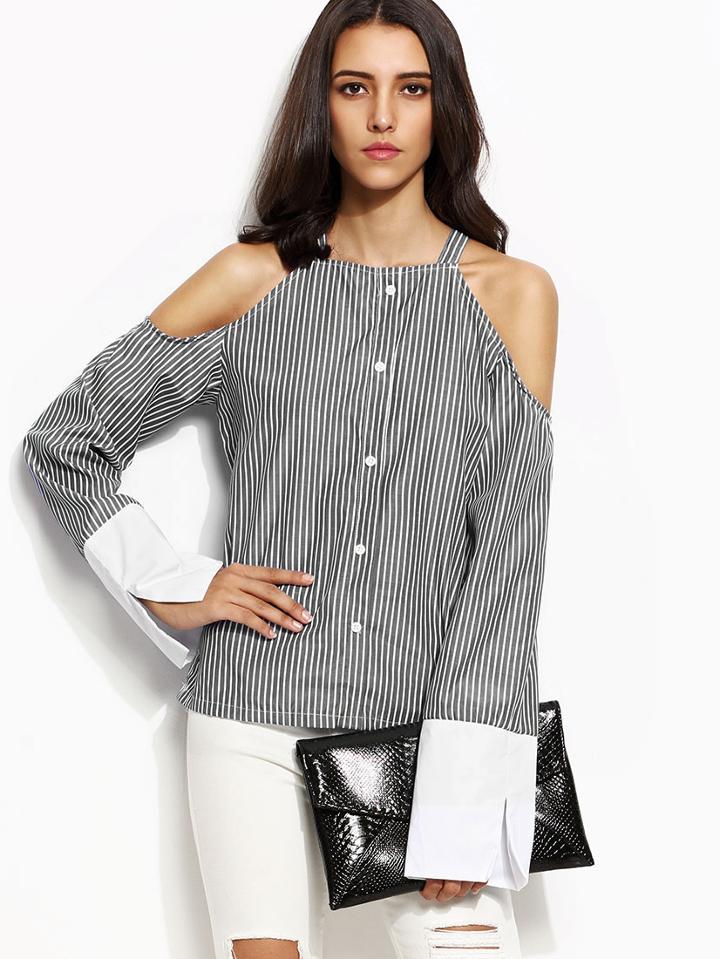 Shein Grey Striped Cold Shoulder Bell Cuff Shirt