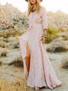 Shein White V Neck Striped Split Maxi Dress