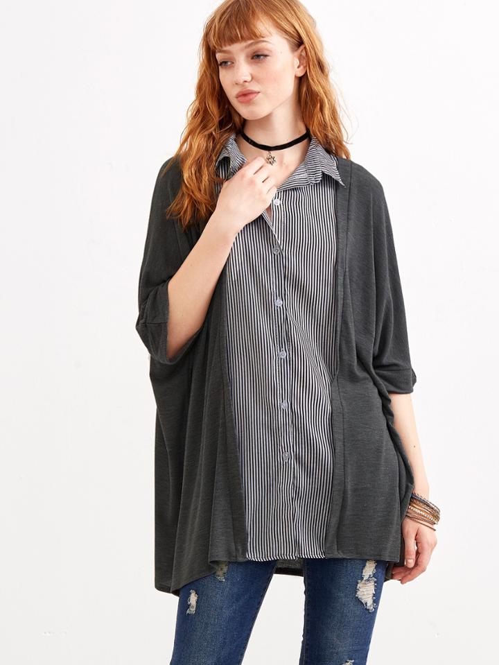 Shein Dark Grey Elbow Sleeve Contrast Vertical Striped Blouse