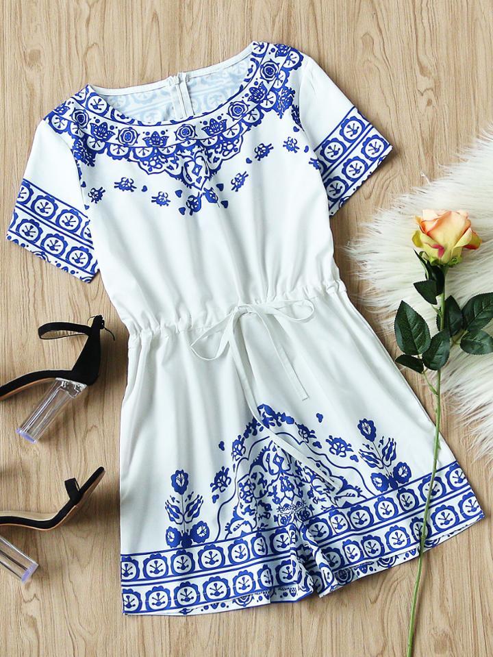 Shein Porcelain Print Drawstring Waist Romper