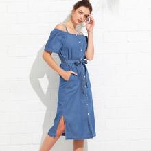 Shein Open-shoulder Tie Waist Denim Shirt Dress