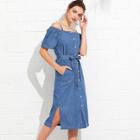 Shein Open-shoulder Tie Waist Denim Shirt Dress