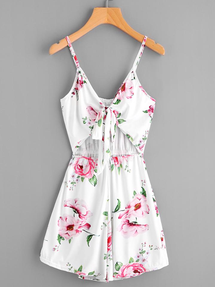 Shein Floral Print Random Cut Out Knot Front Romper