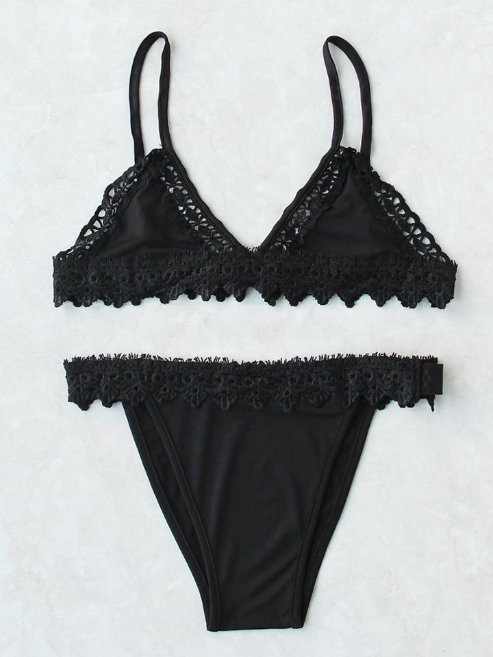 Shein Black Lace Crochet Trim Triangle Bikini Set