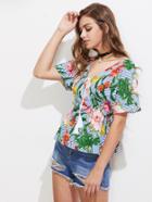 Shein Foliage Print Double V Lace Up Frill Trim Blouse