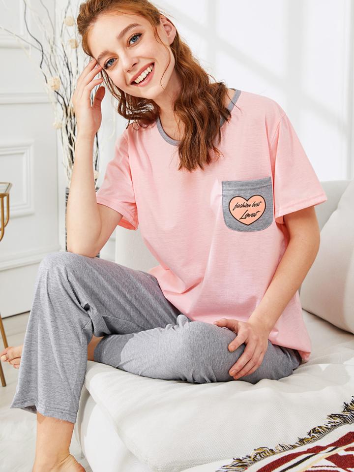 Shein Pocket Patched Tee & Pants Pj Set