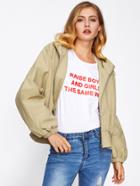 Shein Elastic Cuff Ruffle Hem Hooded Zip Up Jacket