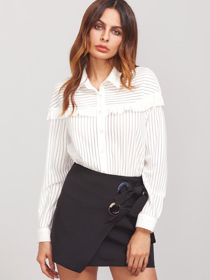 Shein White Striped Ruffle Trim Button Up Blouse