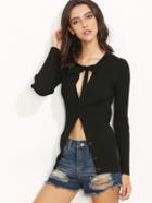 Shein Black Tie Neck Button Up Slim Fit Ribbed Cardigan