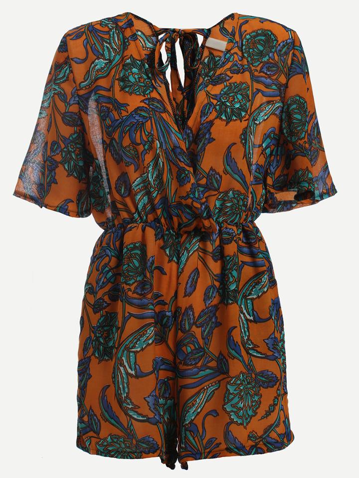 Shein Double V-neck Tie-back Multicolor Flower Print Romper