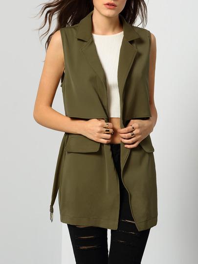 Shein Army Green Notch Lapel Self-tie Vest With Pockets