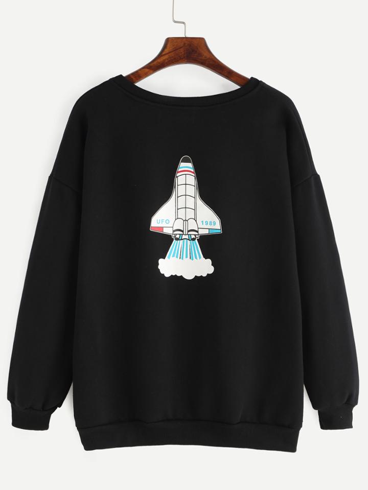 Shein Black Letter And Plane Print Drop Shoulder Sweatshirt