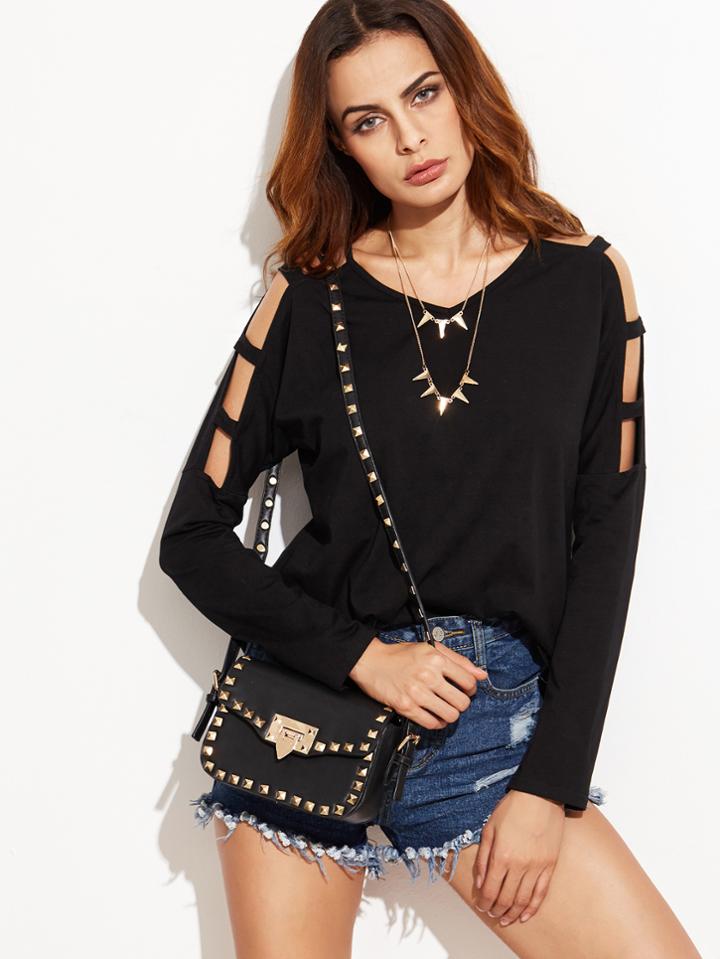 Shein Black V Neck Cut Out Sleeve T-shirt
