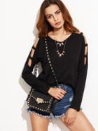 Shein Black V Neck Cut Out Sleeve T-shirt