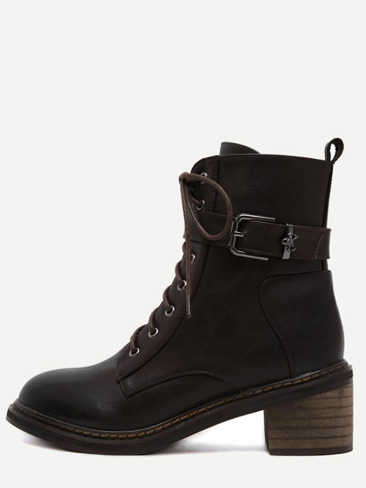 Shein Coffee Faux Leather Cork Heel Martin Boots