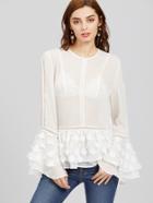 Shein Lace And Petal Applique Fluted Sleeve Sheer Layered Top