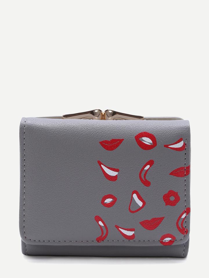 Shein Grey Lip Print Kiss Lock Pu Wallet