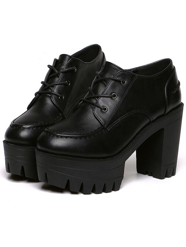 Shein Black Lace Up Pu Chunky Heels