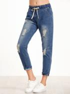 Shein Blue Ripped Cuffed Drawstring Jeans