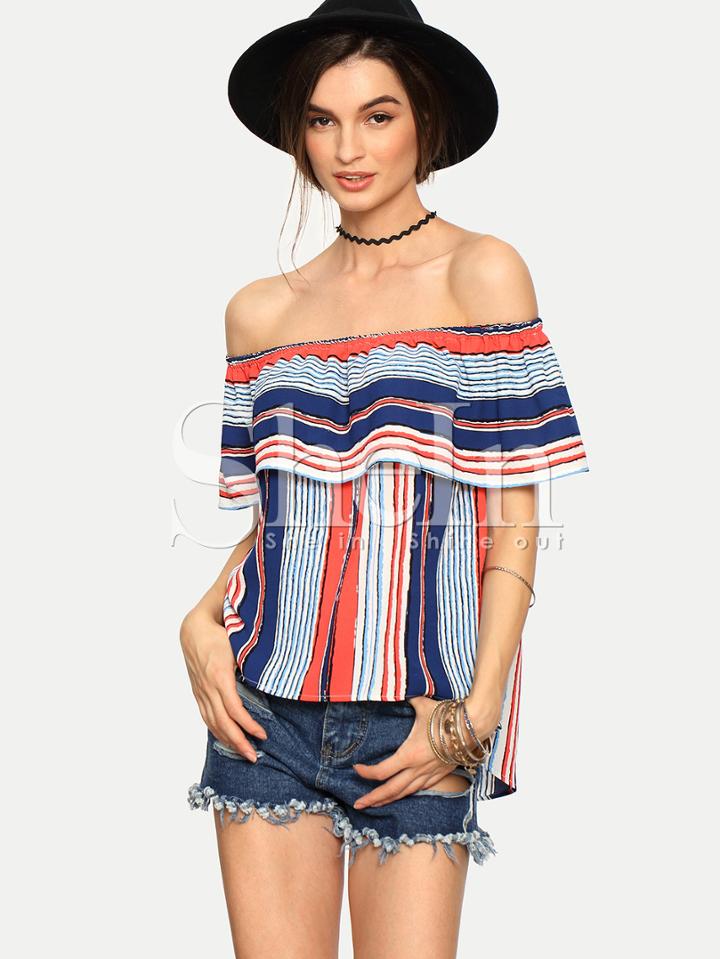 Shein Multicolor Striped Off The Sholder Ruffle Blouse