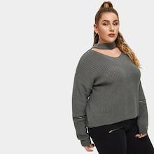 Shein Plus V Cut Chock Neck Zipper Sleeve Sweater