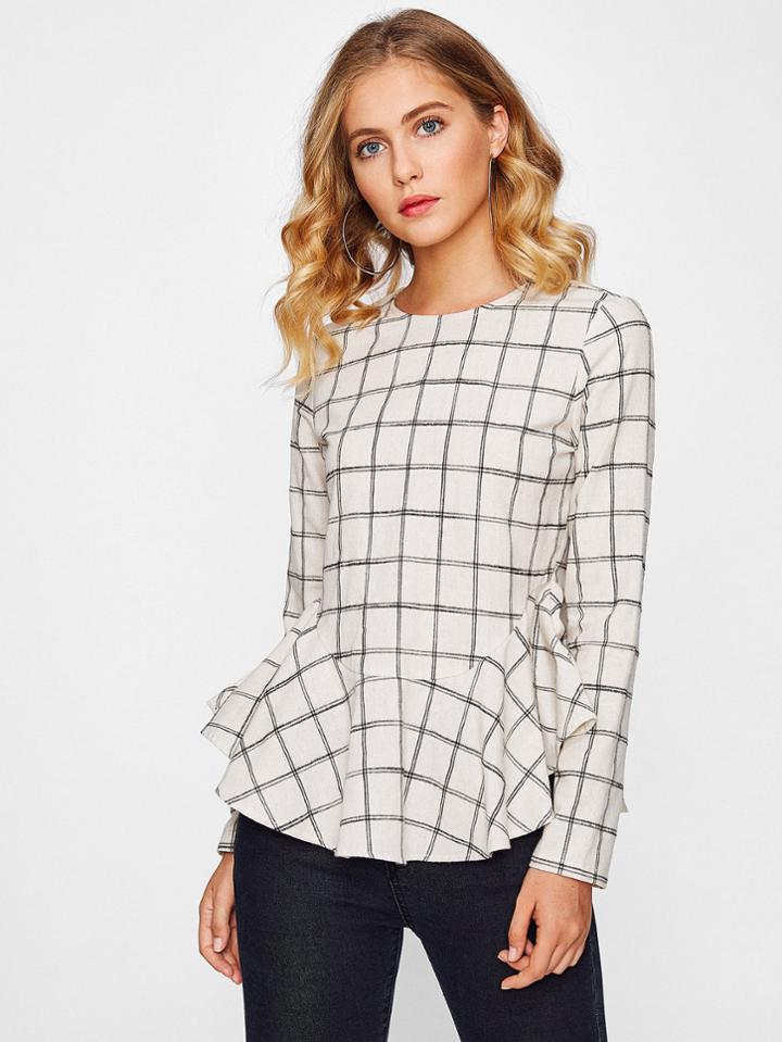 Shein Ruffle Curved Hem Grid Blouse