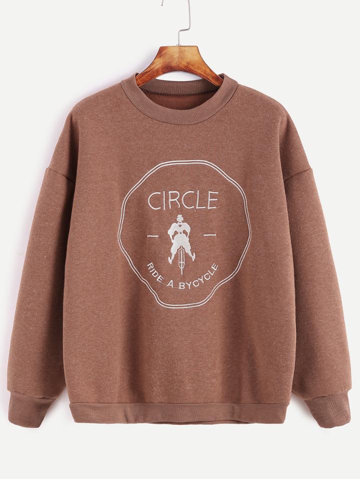 Shein Brown Contrast Ribbed Drop Shoulder Embroidered Sweatshirt