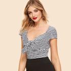 Shein Knot Front Sweetheart Neck Striped Tee
