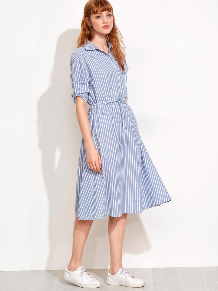 Shein Blue Vertical Stripe Self Tie Shirt Dress