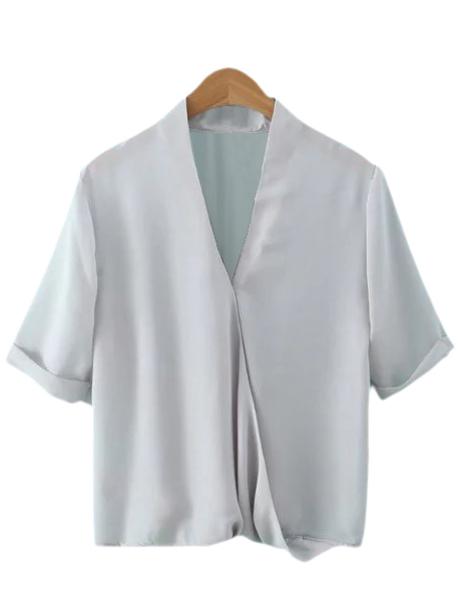 Shein Light Grey Short Sleeve Cross V Neck Blouse