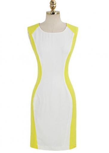 Rosewe Women White And Yellow Color Blocking Sheath Dress