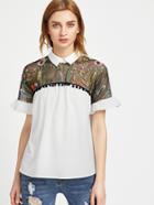 Shein Contrast Embroidered Mesh Yoke Ruffle Sleeve Top