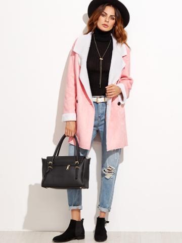 Shein Pink Faux Shearling Double Breasted Coat