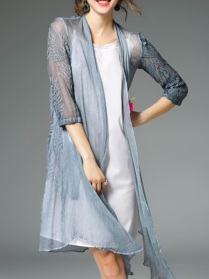 Shein Blue Sheer Pleated Embroidered Coat