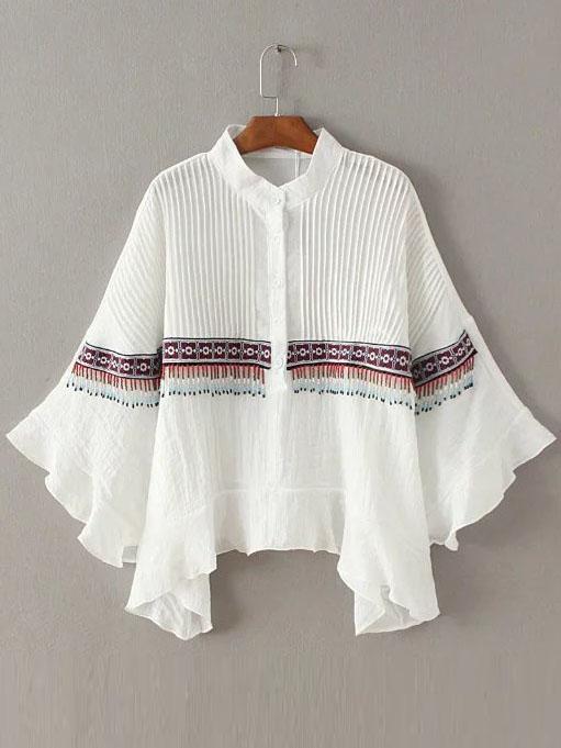 Shein White Tribal Embroidery Ruffle Beaded Fringe Batwing Blouse