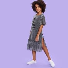 Shein Girls Ruffle Sleeve And Hem Glitter Dress
