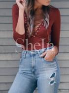 Shein Burgundy Long Sleeve Lace Up T-shirt