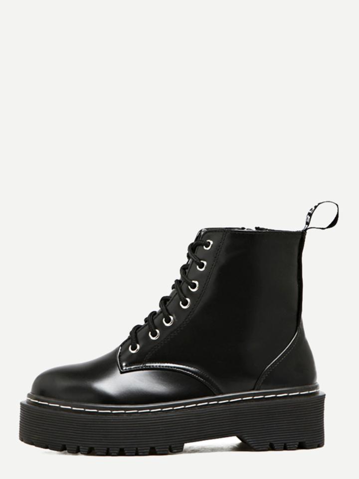 Shein Black Pu Lace Up Side Zipper Martin Boots