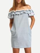 Shein Flounce Layered Neckline Vertical Striped Pockets Dress