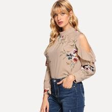 Shein Open Shoulder Ruffle Trim Floral Blouse