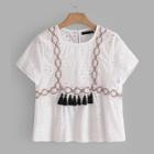 Shein Contrast Lace Tassel Trim Eyelet Embroidered Blouse