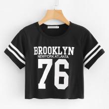 Shein Varsity Striped Sleeve Letter Print Tee