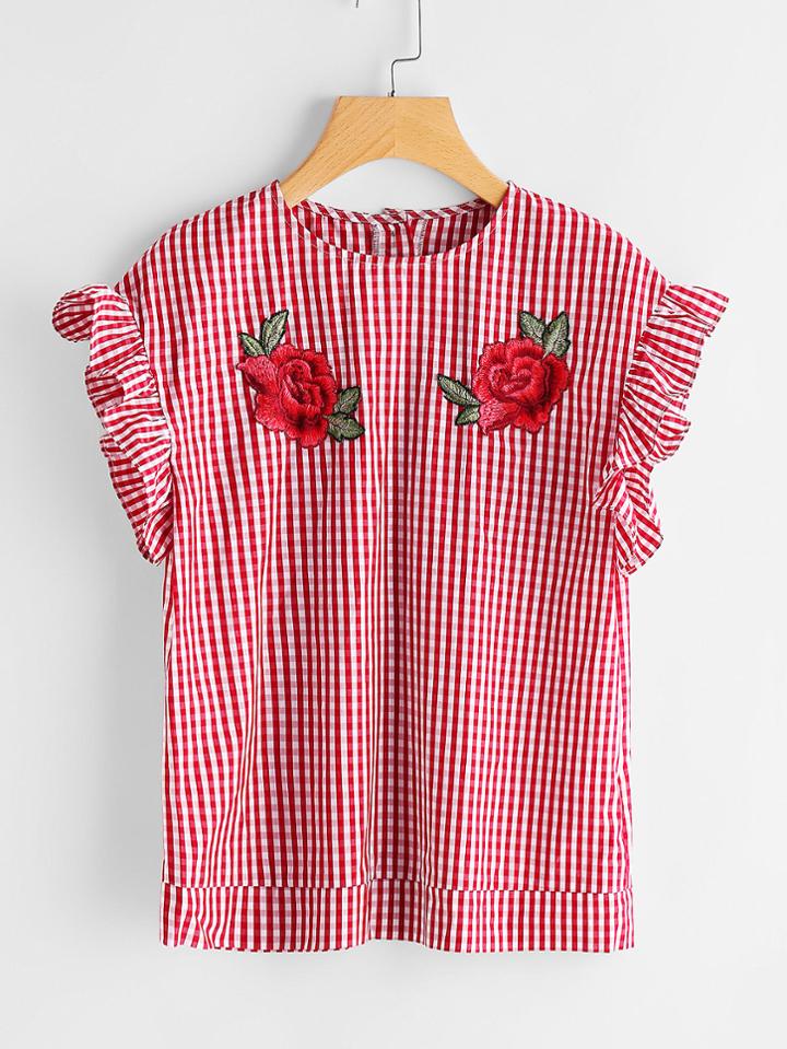 Shein Embroidered Rose Applique Frill Cap Sleeve Checkered Top